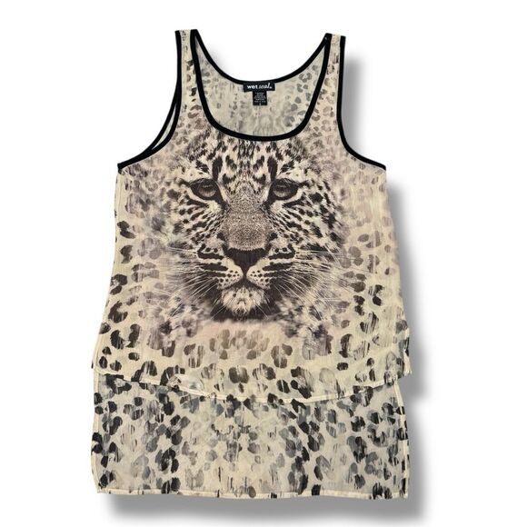 Wet Seal Leopard Face Print Sheer High Low Tank Top Shirt Tan Brown Small - Picture 10 of 10